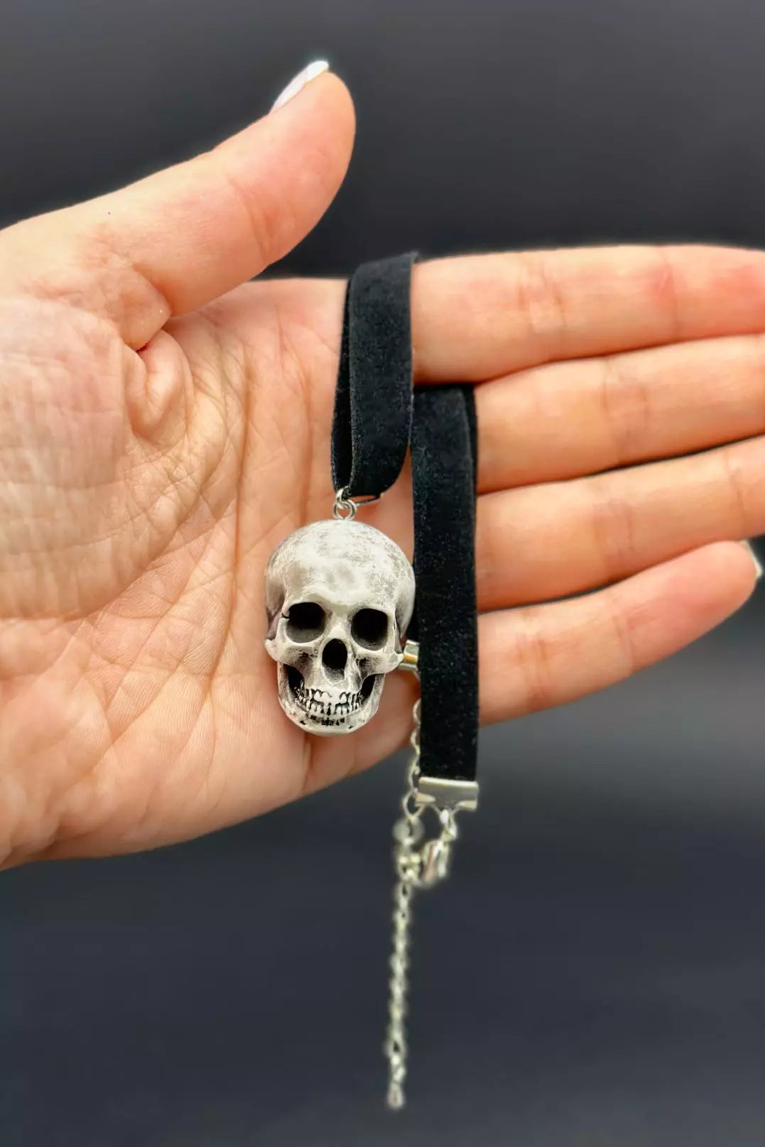 Handmade velvet Choker with Realistic Skull Pendant, a unique wearable art piece by ioArtStudio