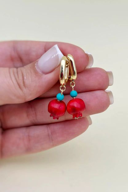 Handmade polymer clay Aquamarine Color Accented Pomegranate Earrings, a unique and eye-catching wearable art by ioArtStudio