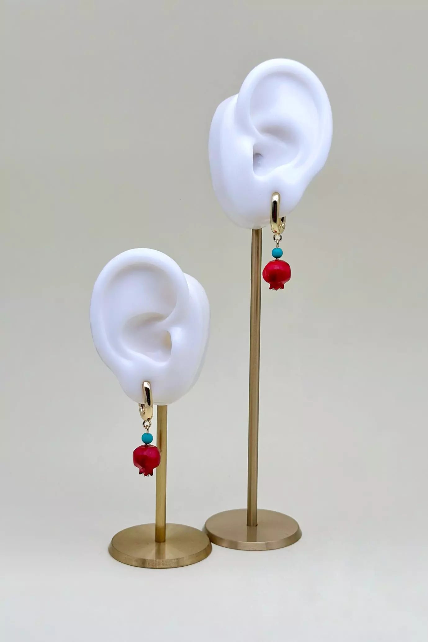 Handmade polymer clay Aquamarine Color Accented Pomegranate Earrings, a unique and eye-catching wearable art by ioArtStudio