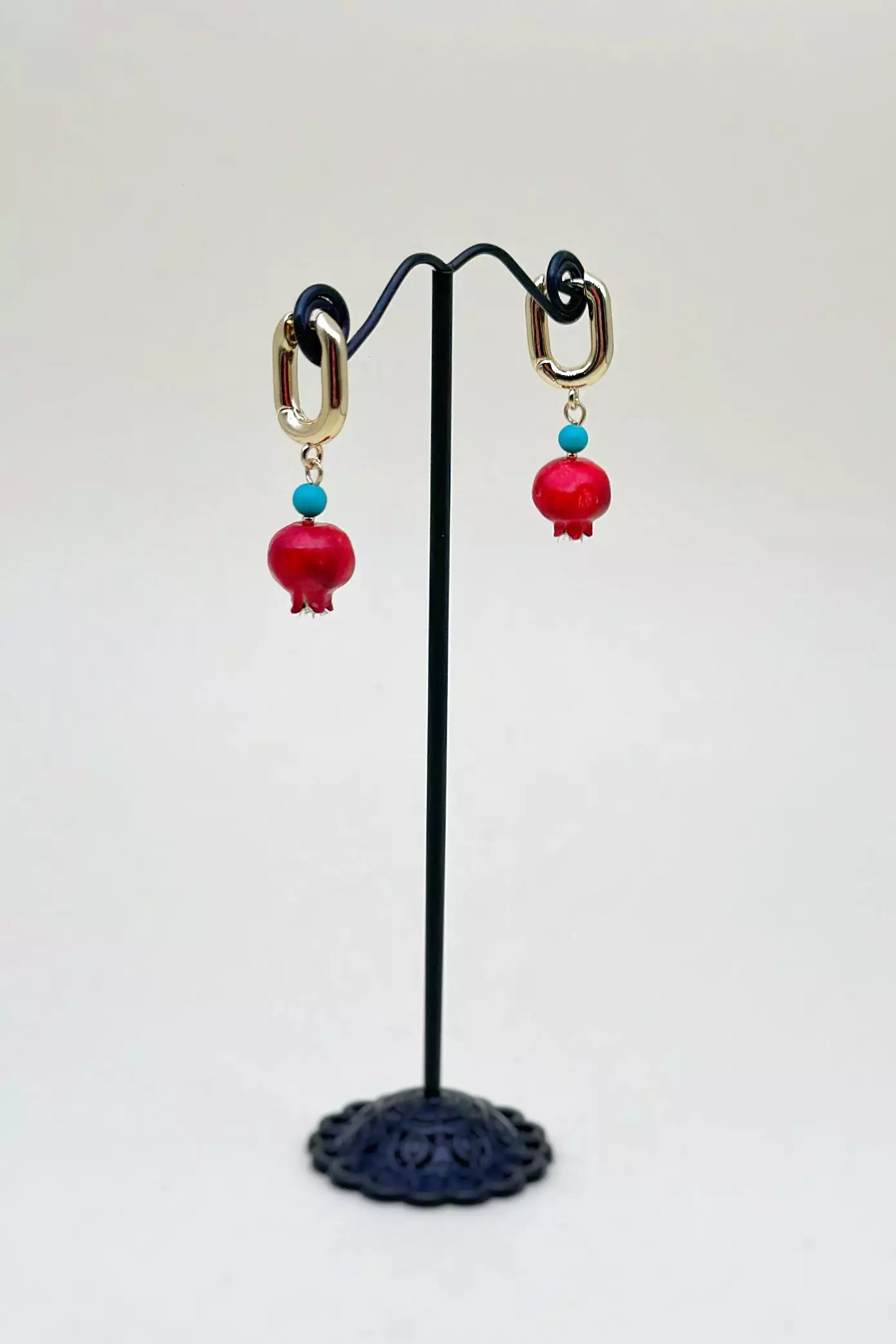 Handmade polymer clay Aquamarine Color Accented Pomegranate Earrings, a unique and eye-catching wearable art by ioArtStudio