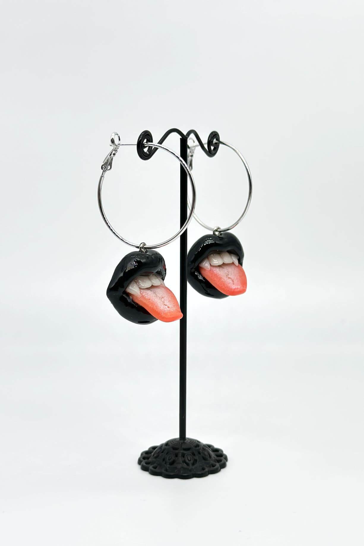 Black Dangle Earrings - Lips with Vampire Fangs Post / Stud / Silver