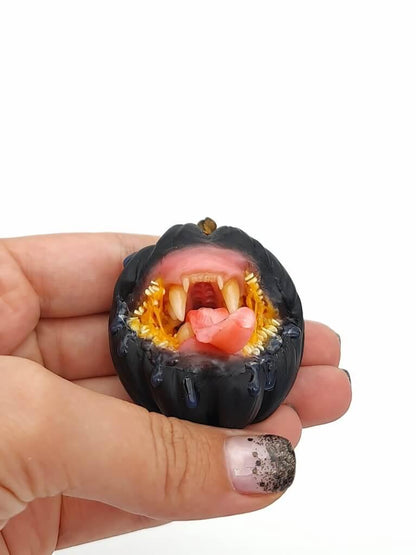 Handmade polymer clay Black Pumpkin With Animal Teeth  Attention-Grabbing Wearable Artwork by ioArtStudio