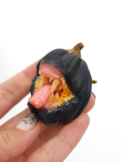 Handmade polymer clay Black Pumpkin With Animal Teeth  Attention-Grabbing Wearable Artwork by ioArtStudio