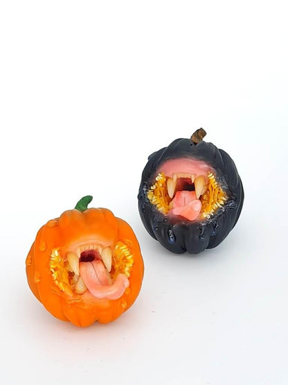 Handmade polymer clay Black Pumpkin With Animal Teeth  Attention-Grabbing Wearable Artwork by ioArtStudio