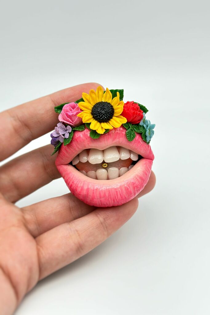 Blush Pink Lips with Mexican Flower Crown  handmade jewelry with polymer clay by ioArtStudio 