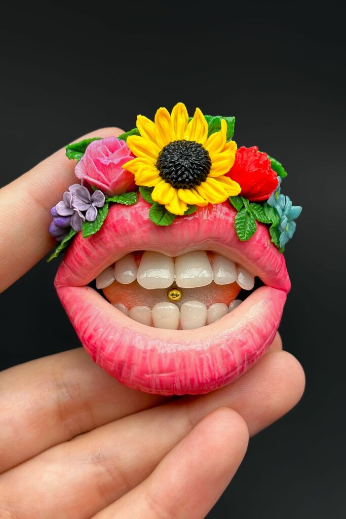 Blush Pink Lips with Mexican Flower Crown  handmade jewelry with polymer clay by ioArtStudio 