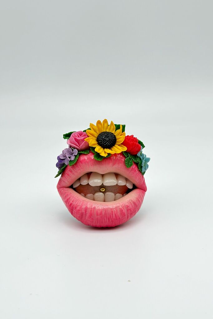 Blush Pink Lips with Mexican Flower Crown  handmade jewelry with polymer clay by ioArtStudio 