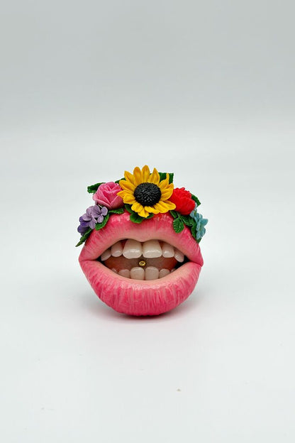 Blush Pink Lips with Mexican Flower Crown  handmade jewelry with polymer clay by ioArtStudio 