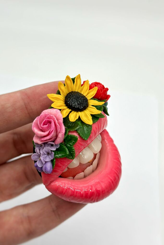 Blush Pink Lips with Mexican Flower Crown  handmade jewelry with polymer clay by ioArtStudio 