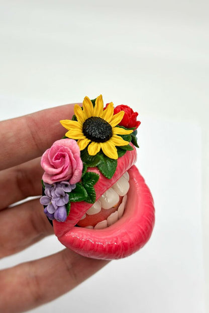 Blush Pink Lips with Mexican Flower Crown  handmade jewelry with polymer clay by ioArtStudio 