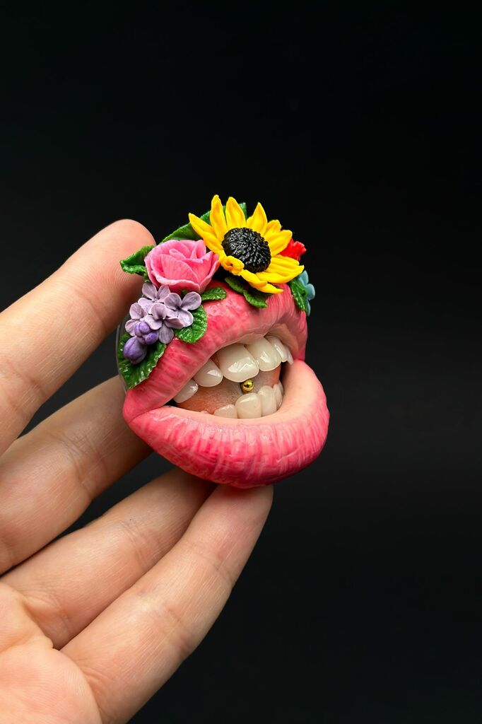 Blush Pink Lips with Mexican Flower Crown  handmade jewelry with polymer clay by ioArtStudio 