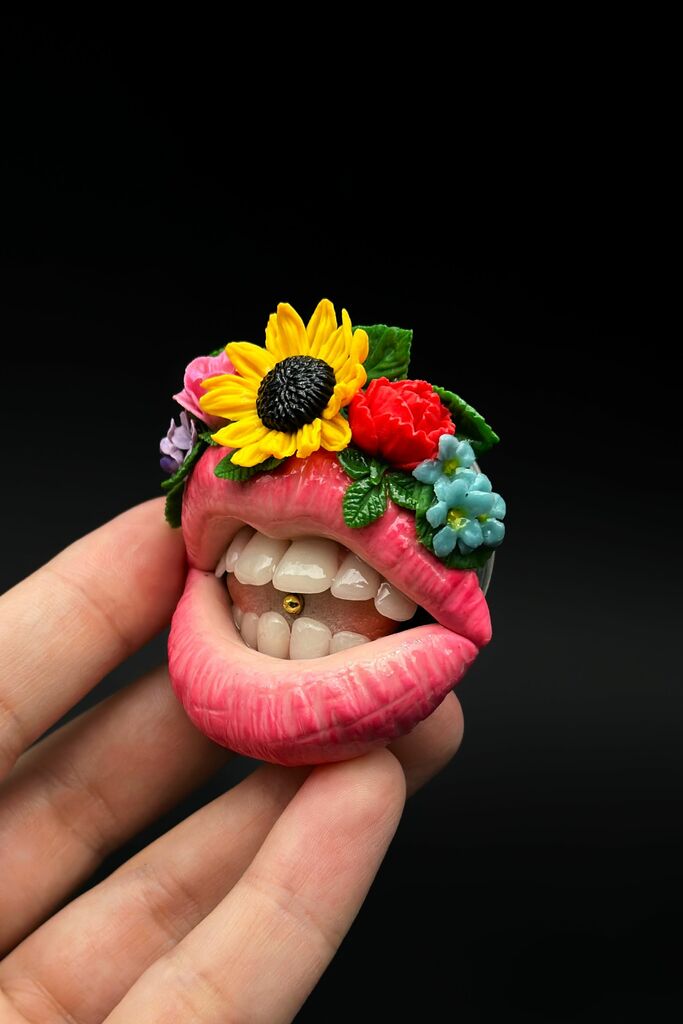 Blush Pink Lips with Mexican Flower Crown  handmade jewelry with polymer clay by ioArtStudio 