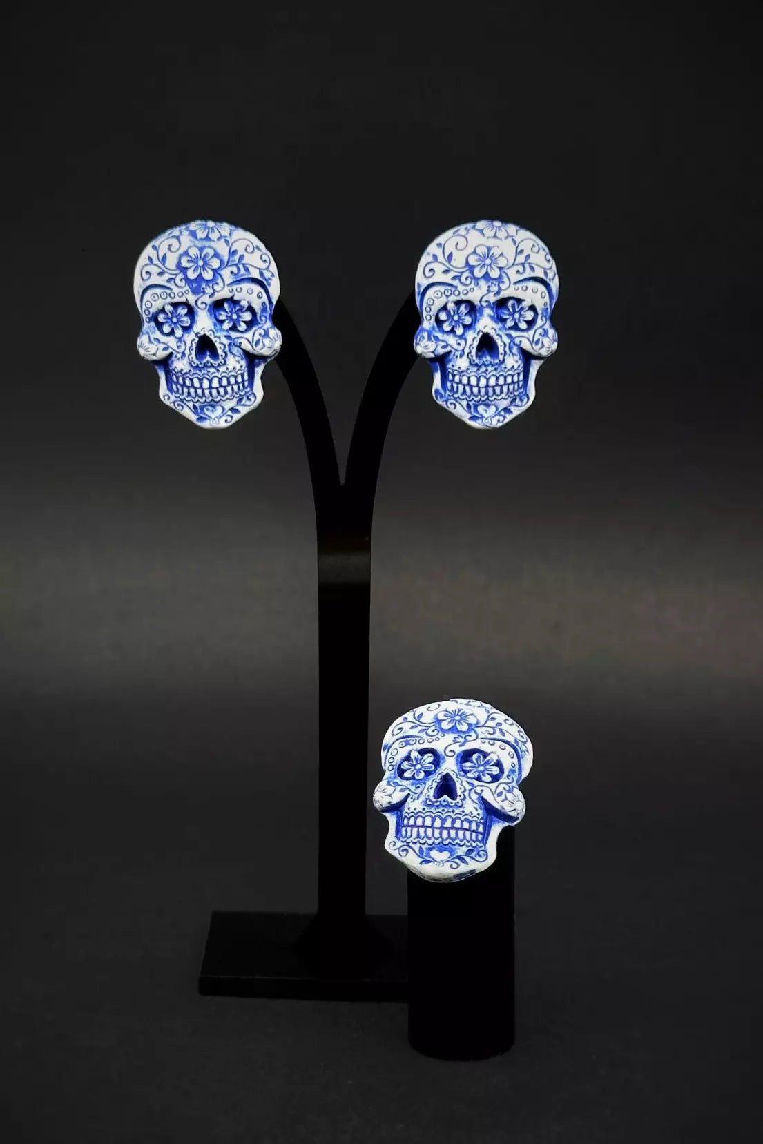 Calavera Skull jewelry set with hand-painted Mexican skull art, inspired by sugar skull designs and embodying Day of the Dead heritage