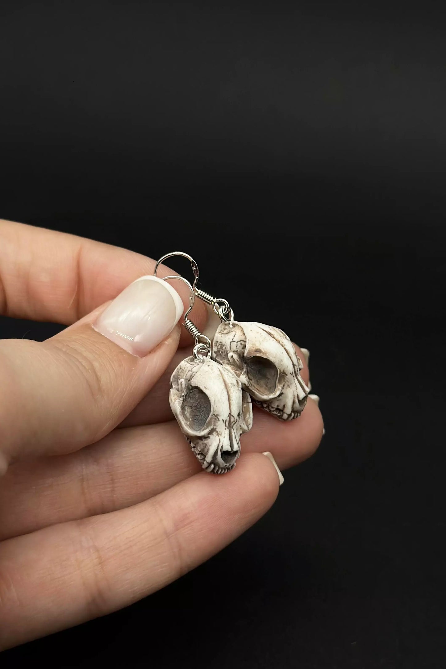 Cat Skulls Earrings in stud or dangle variations, featuring realistic cat skull and skeleton designs by ioArtStudio