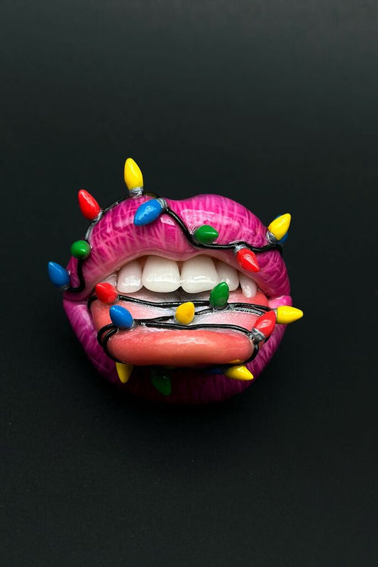 lips with christmas light bulbs around it , Handmade with polymer clay Wearable Artwork by ioArtStudio