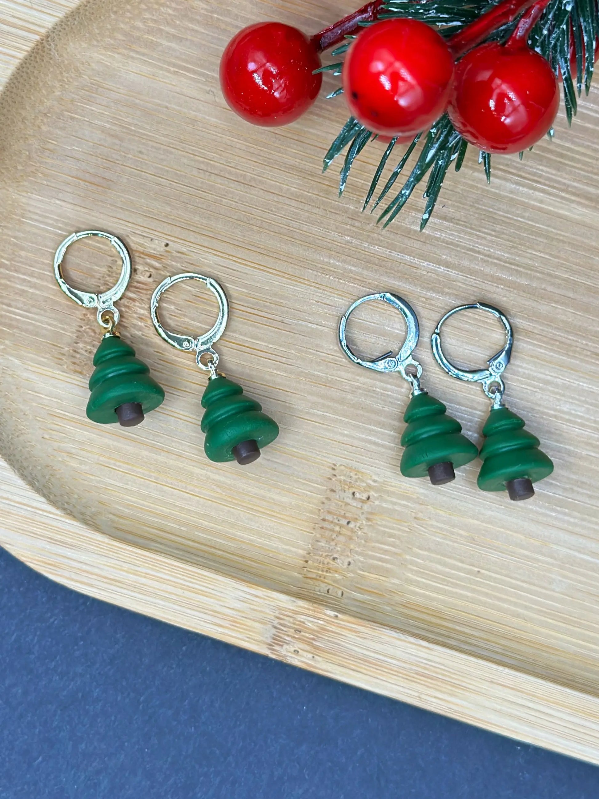 Christmas Tree Earrings  Dangle Earrings  handmade wearable art piece, crafted from polymer clay  by ioArtStudio