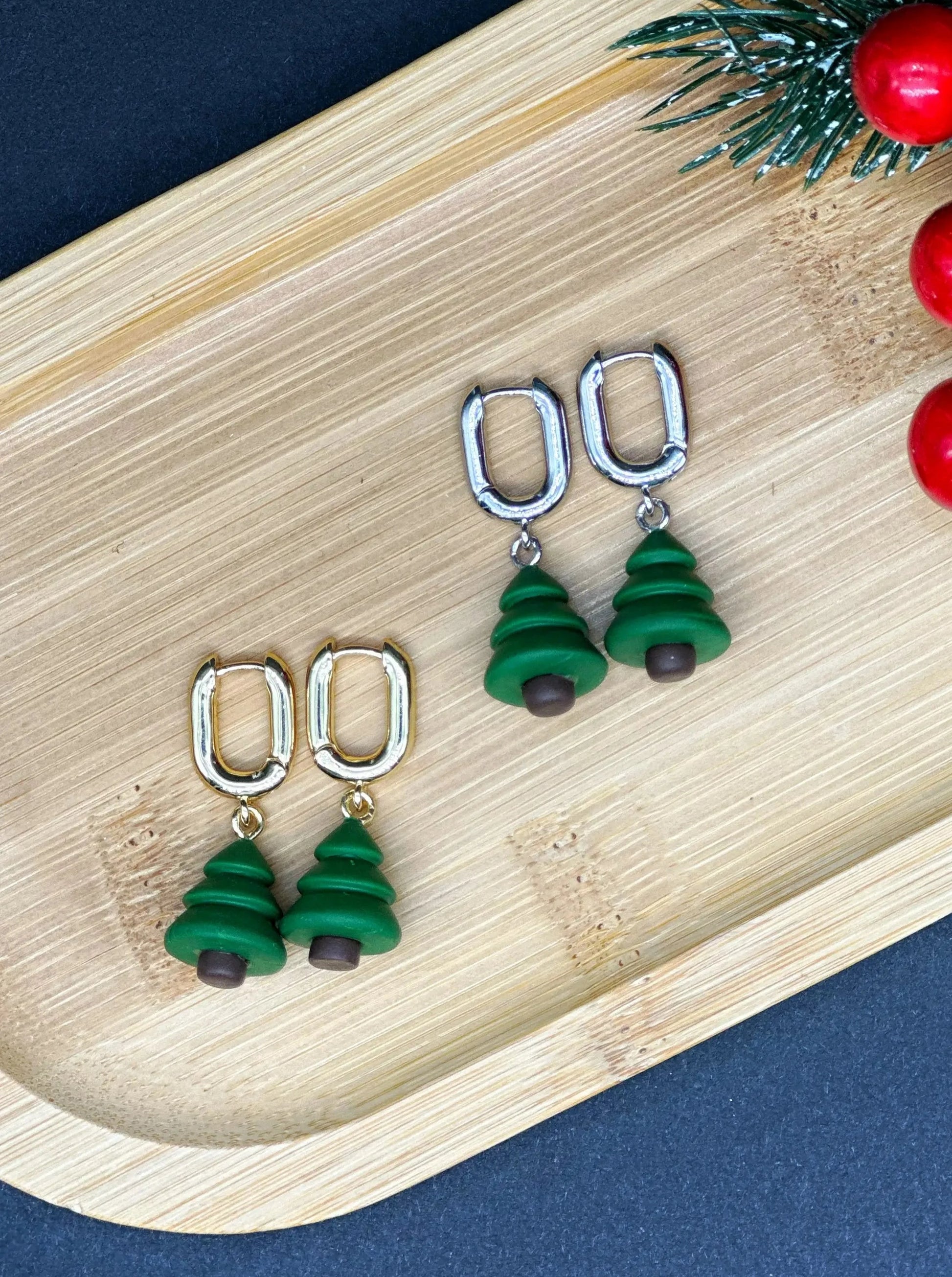 Christmas Tree Earrings  Dangle Earrings  handmade wearable art piece, crafted from polymer clay  by ioArtStudio