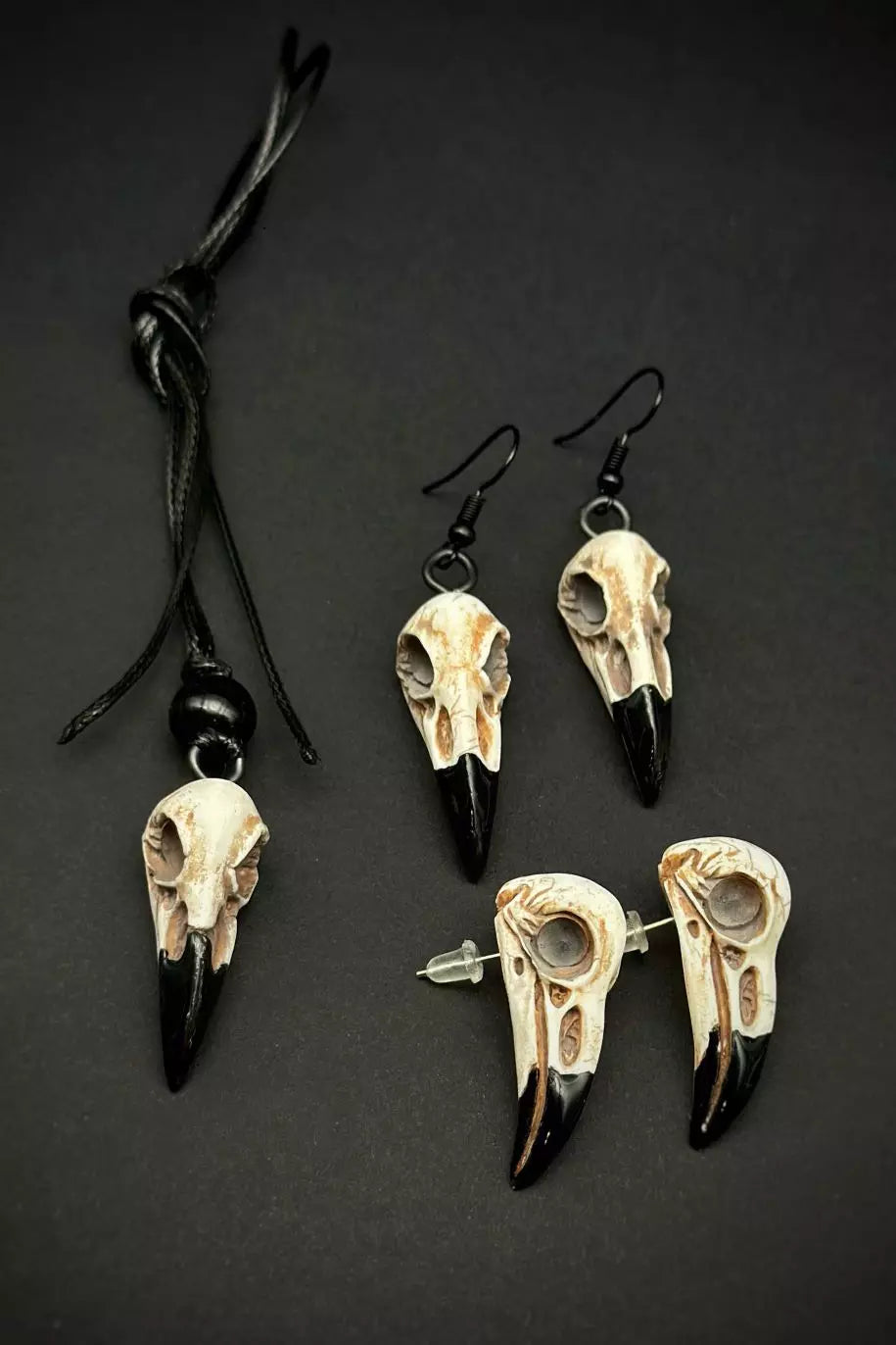 Crow Skull Necklace and Earring Set featuring bird skull pendant, stud and dangle earrings, handmade from polymer clay by ioArtStudio