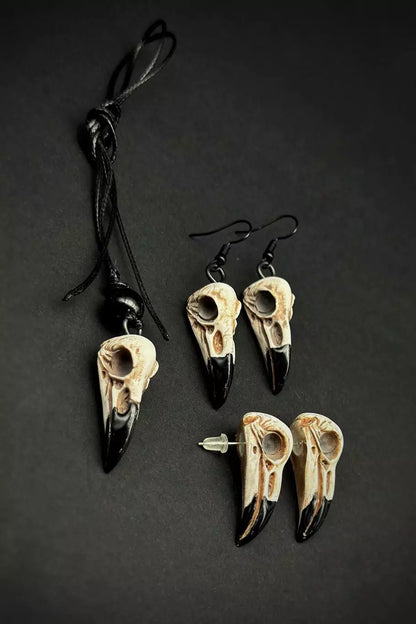 Crow Skull Necklace and Earring Set featuring bird skull pendant, stud and dangle earrings, handmade from polymer clay by ioArtStudio