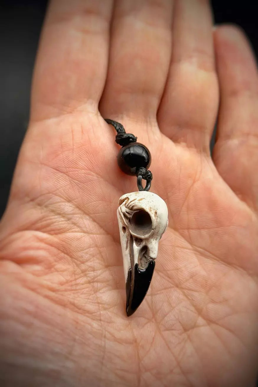 Crow Skull Necklace and Earring Set featuring bird skull pendant, stud and dangle earrings, handmade from polymer clay by ioArtStudio