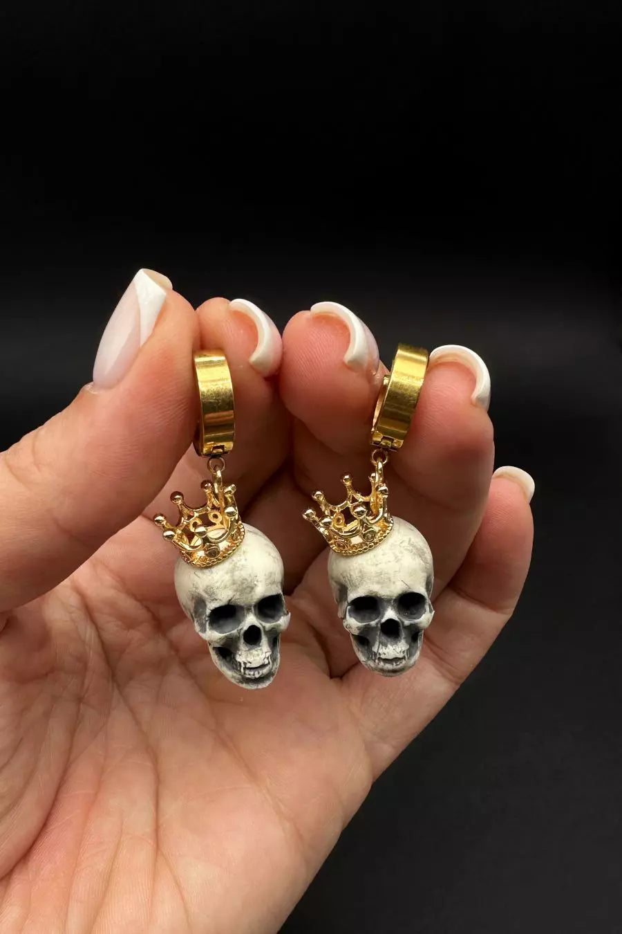 Handmade Crowned Skull Surgical Steel Earrings by ioArtSTudio, featuring an anatomical human skull design with intricate details