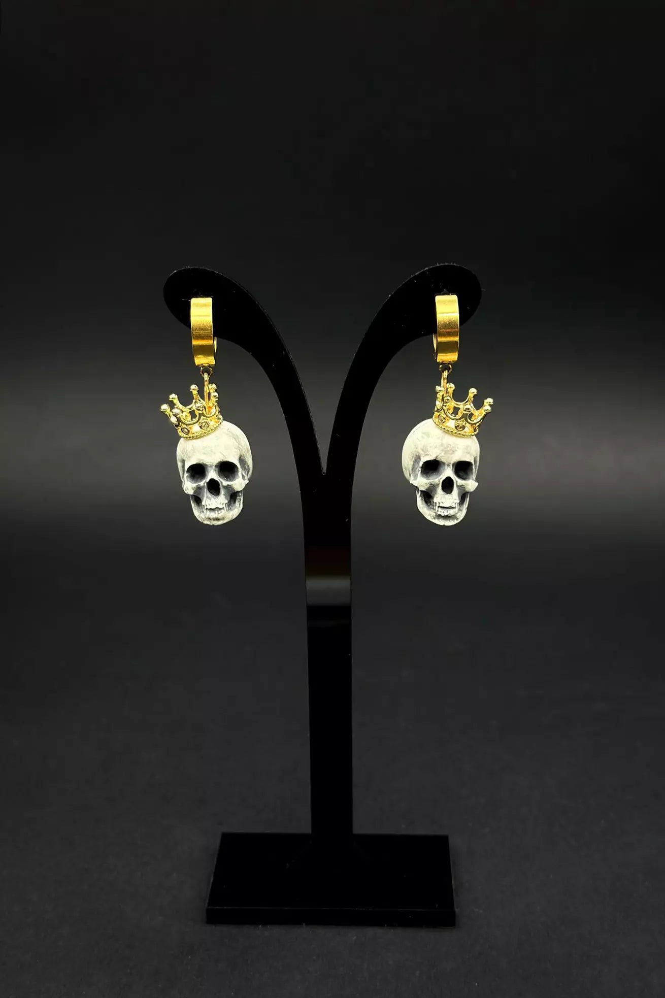 Handmade Crowned Skull Surgical Steel Earrings by ioArtSTudio, featuring an anatomical human skull design with intricate details