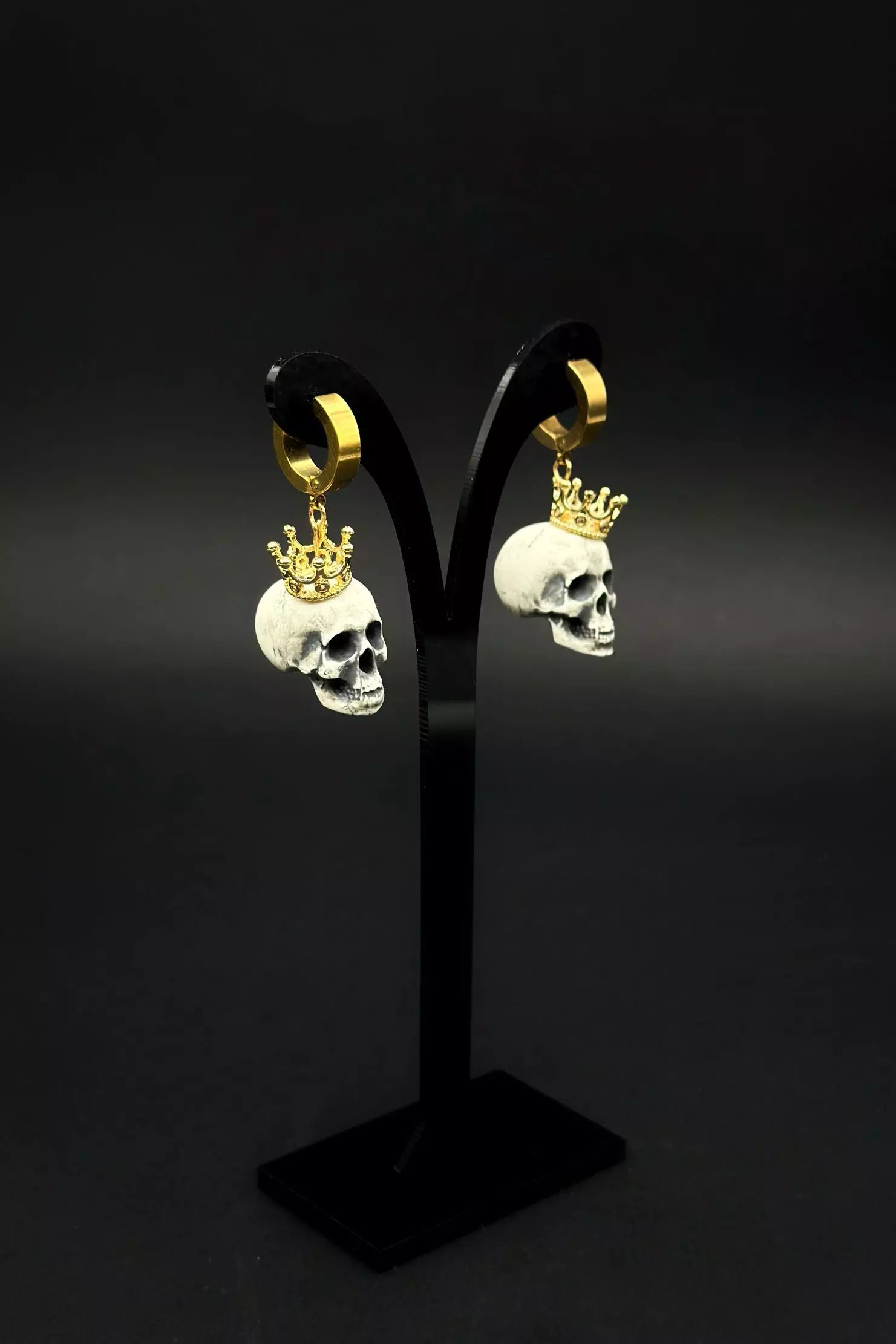 Handmade Crowned Skull Surgical Steel Earrings by ioArtSTudio, featuring an anatomical human skull design with intricate details