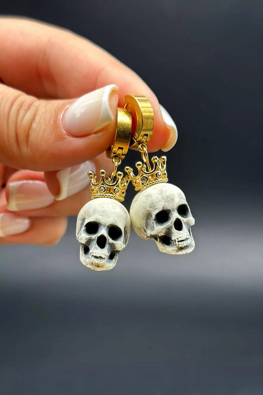 Handmade Crowned Skull Surgical Steel Earrings by ioArtSTudio, featuring an anatomical human skull design with intricate details