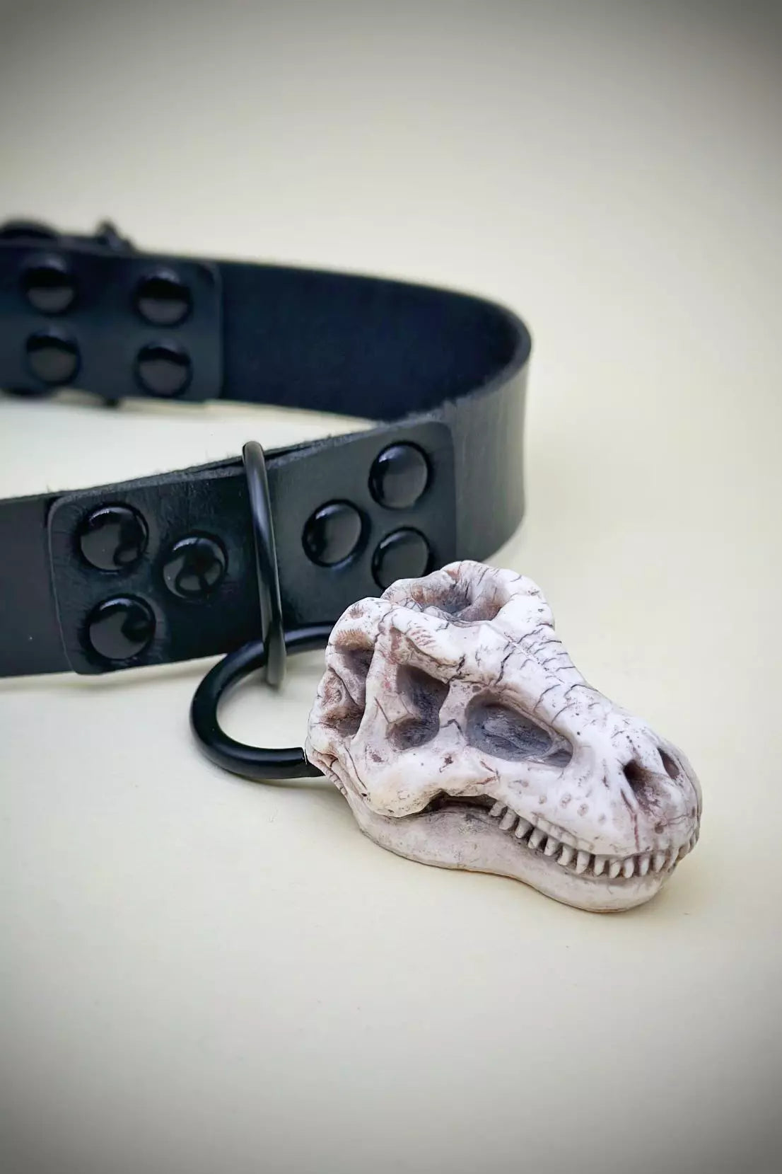 PU leather choker with a T. Rex skull pendant made by Polymer clay -ioArtStudio