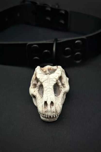 PU leather choker with a T. Rex skull pendant made by Polymer clay -ioArtStudio