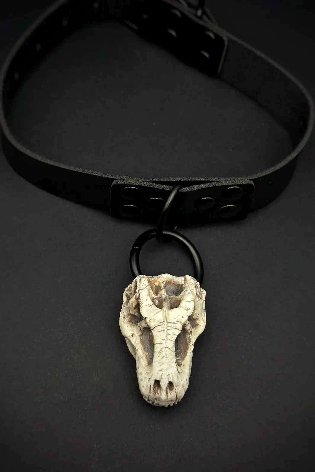 PU leather choker with a T. Rex skull pendant made by Polymer clay -ioArtStudio