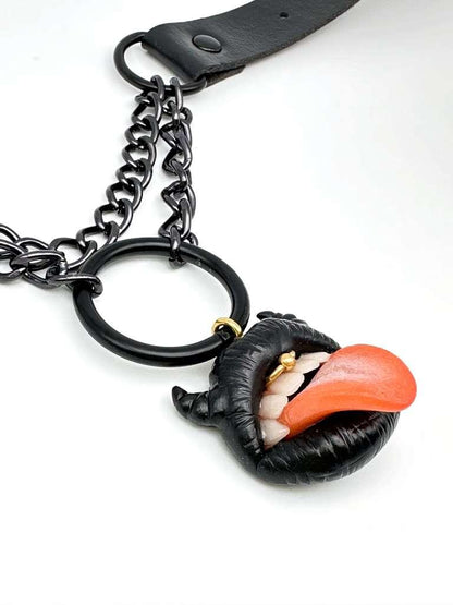 Black Gothic Choker Collar with Horny Lips Pendant handmade  with polymer clay. A unique acreation by ioArtStudio 