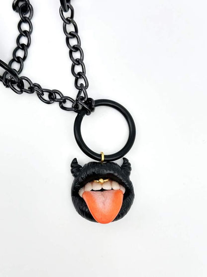 Black Gothic Choker Collar with Horny Lips Pendant handmade  with polymer clay. A unique acreation by ioArtStudio 