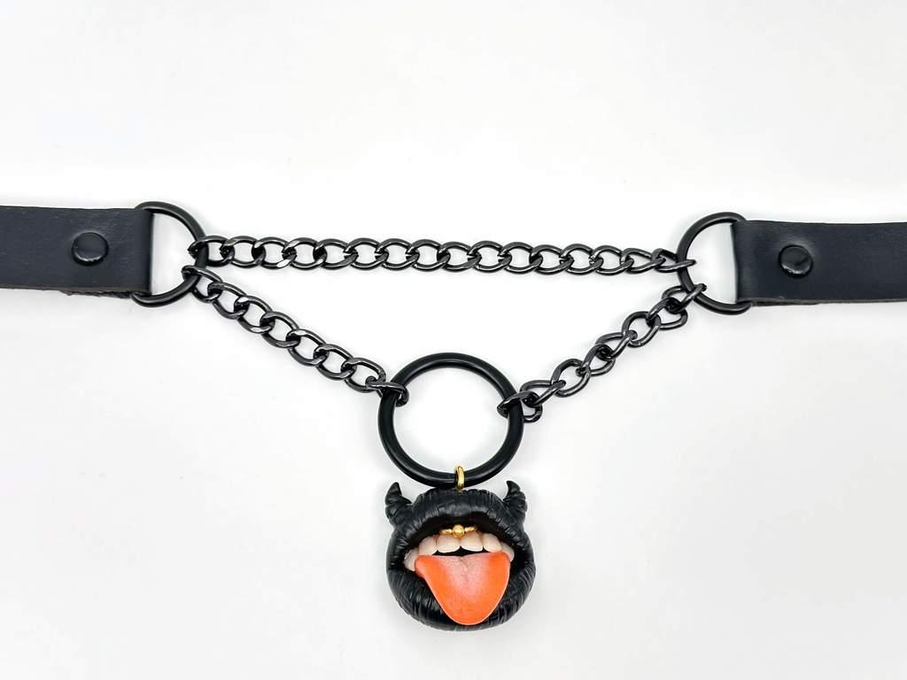 Black Gothic Choker Collar with Horny Lips Pendant handmade  with polymer clay. A unique acreation by ioArtStudio 