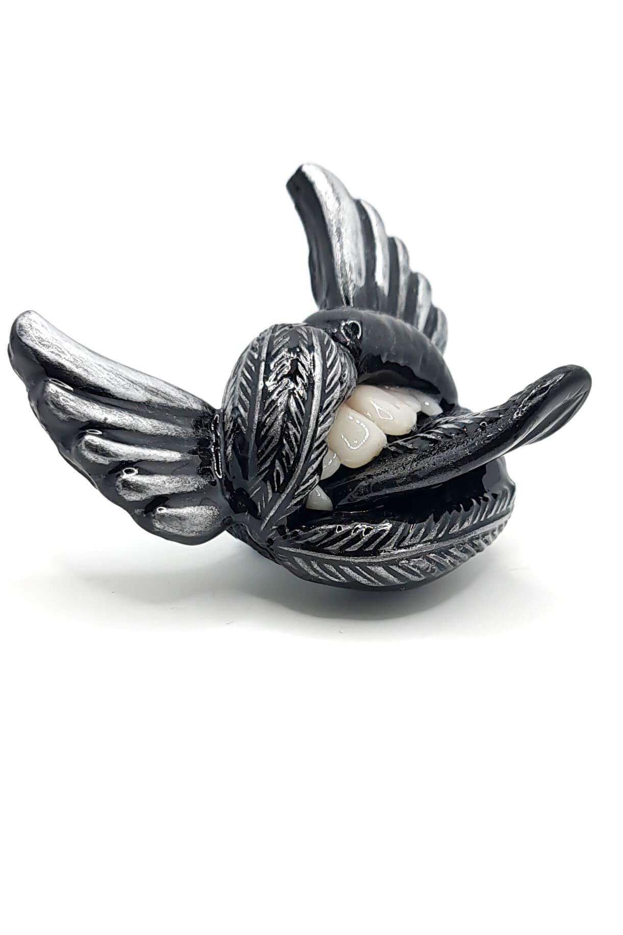 Black lips with fangs  and silver accents, embraced by the allure of Gothic jewelry, adorned with black angel wings,  Wearable Artwork by ioArtStudio