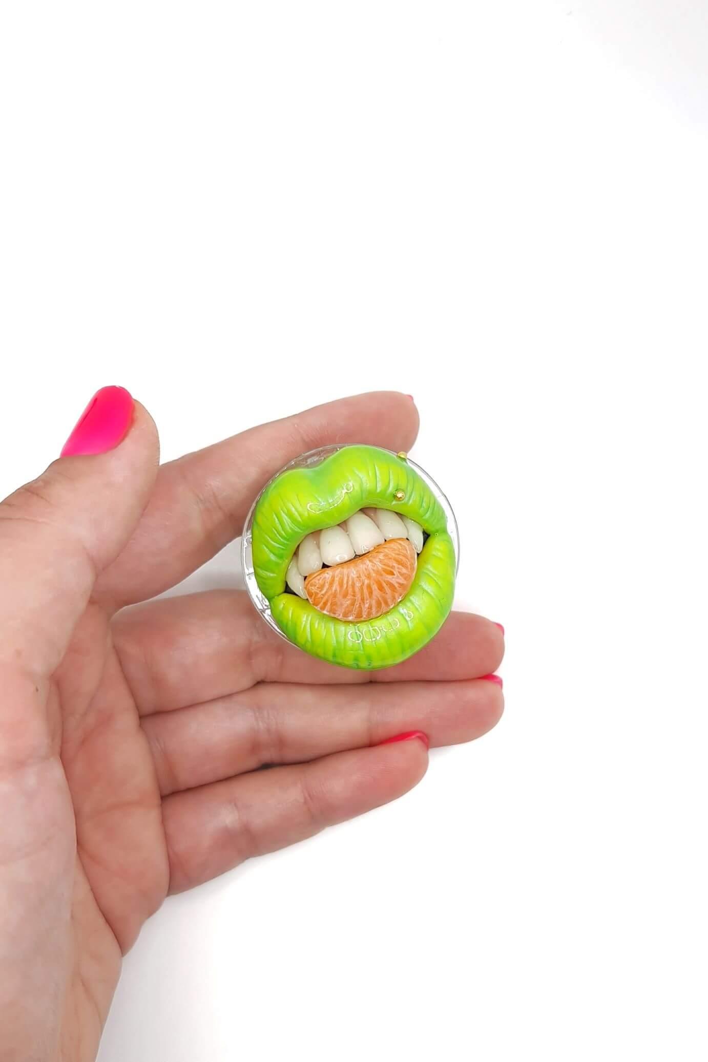 Unique Green Tangerine Lips with Fangs - Artistic Polymer Clay and Resin Creation by ioArtStudio