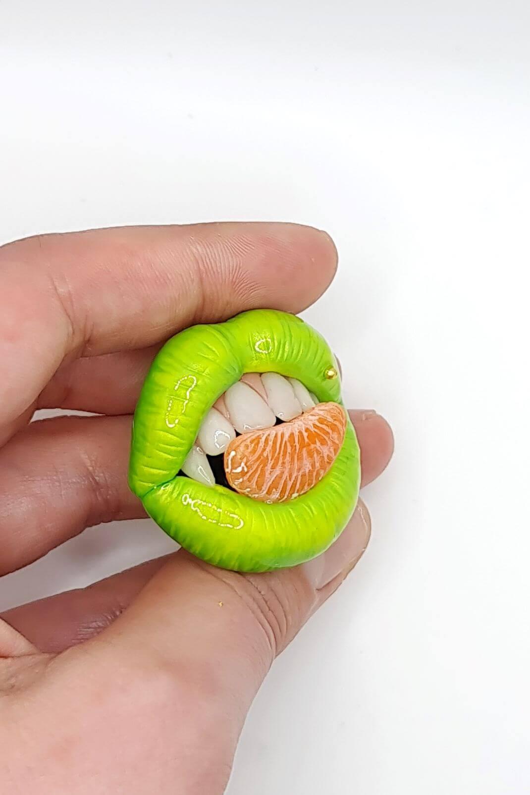 Unique Green Tangerine Lips with Fangs - Artistic Polymer Clay and Resin Creation by ioArtStudio