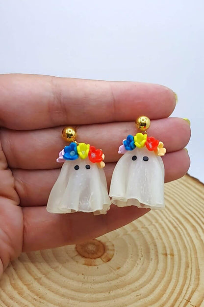 Halloween Ghost Earrings adorned with a flower crown, meticulously handcrafted from polymer clay.  Wearable art by ioartstudio