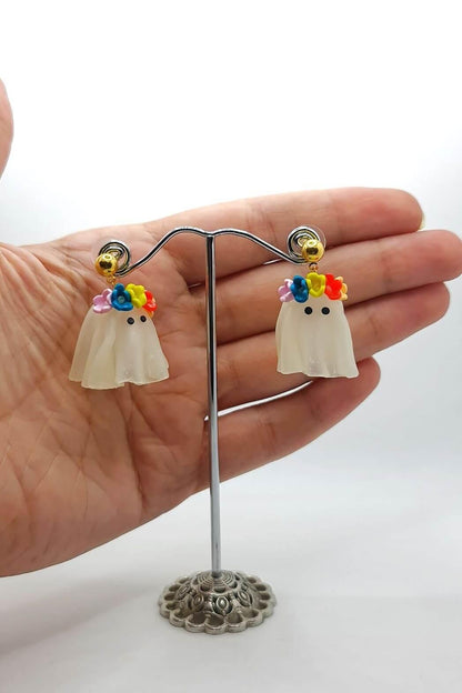 Halloween Ghost Earrings adorned with a flower crown, meticulously handcrafted from polymer clay.  Wearable art by ioartstudio