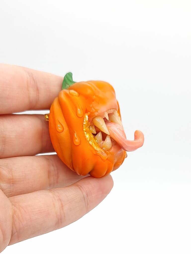 Handmade polymer clay Halloween Pumpkin With Sharp Teeth  Attention-Grabbing Wearable Artwork by ioArtStudio