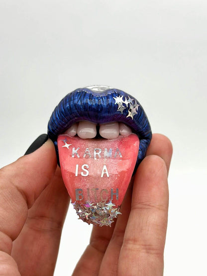  Karma is a Bitch - Quote-Inspired Jewelry  Hand sculpted by polymer clay metallic blue lips with a extended tongue