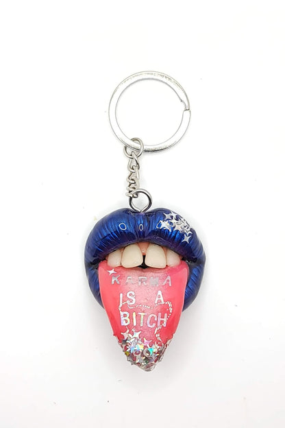  Karma is a Bitch - Quote-Inspired Jewelry  Hand sculpted by polymer clay metallic blue lips with a extended tongue