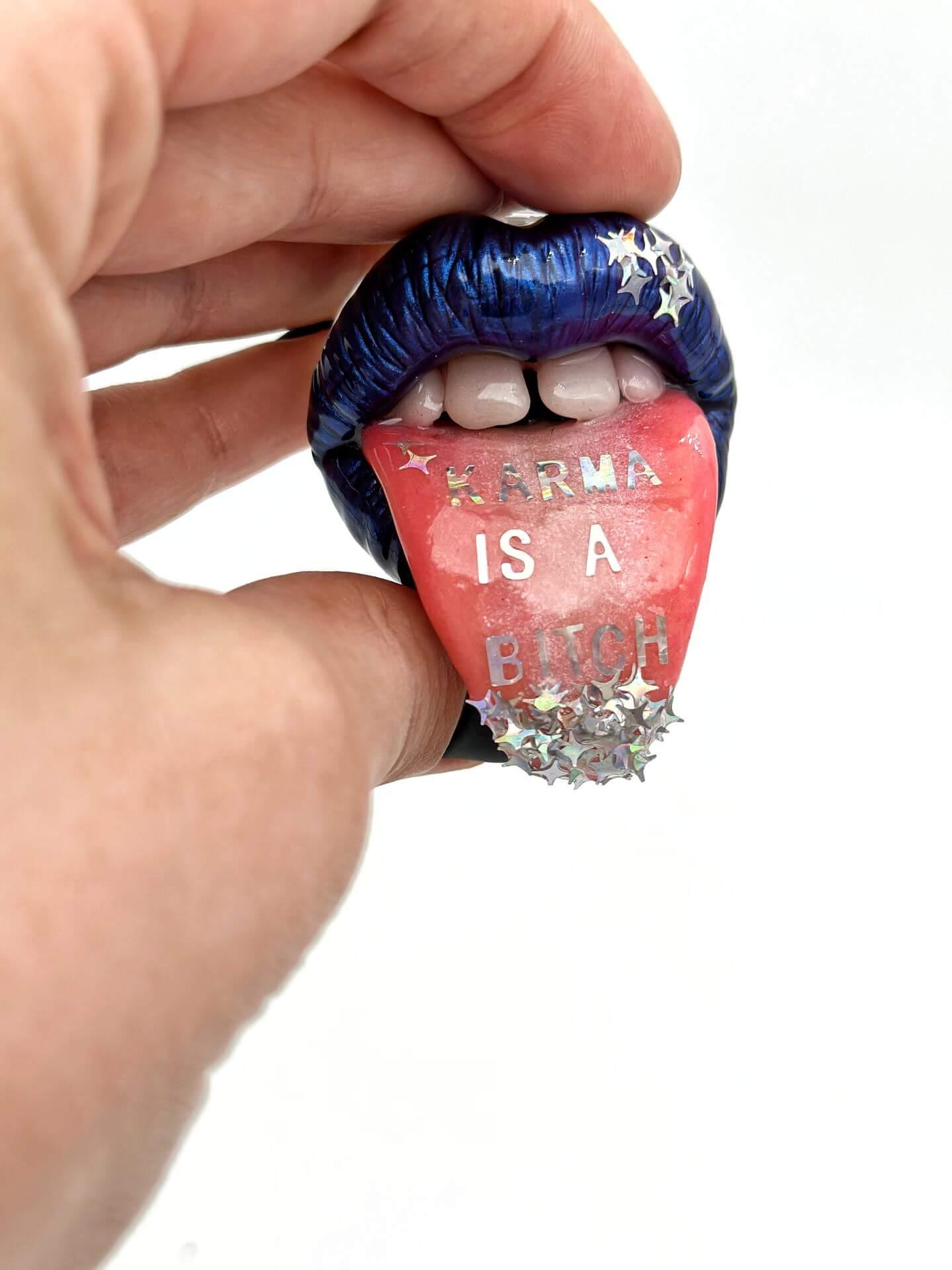  Karma is a Bitch - Quote-Inspired Jewelry  Hand sculpted by polymer clay metallic blue lips with a extended tongue