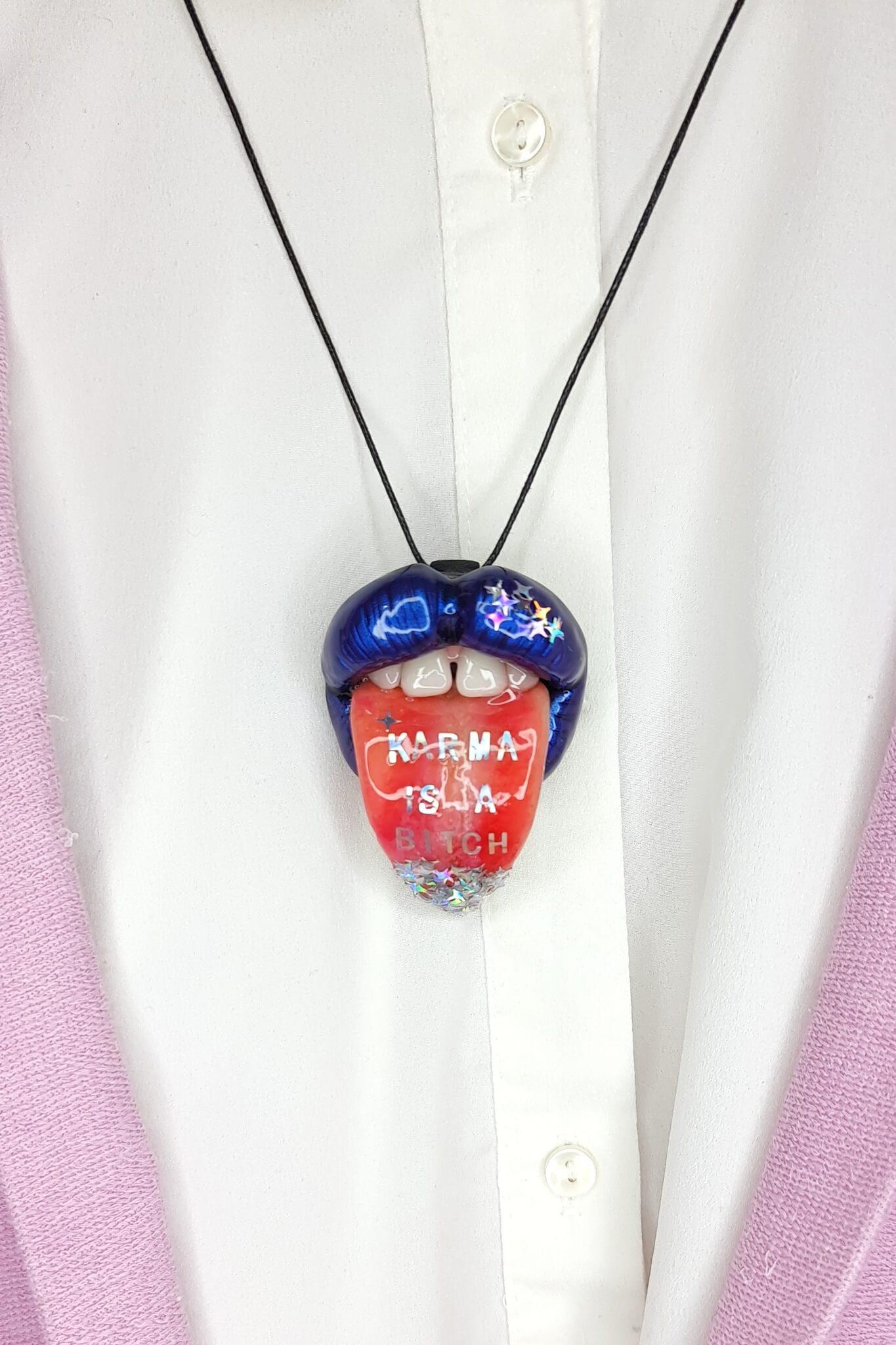  Karma is a Bitch - Quote-Inspired Jewelry  Hand sculpted by polymer clay metallic blue lips with a extended tongue