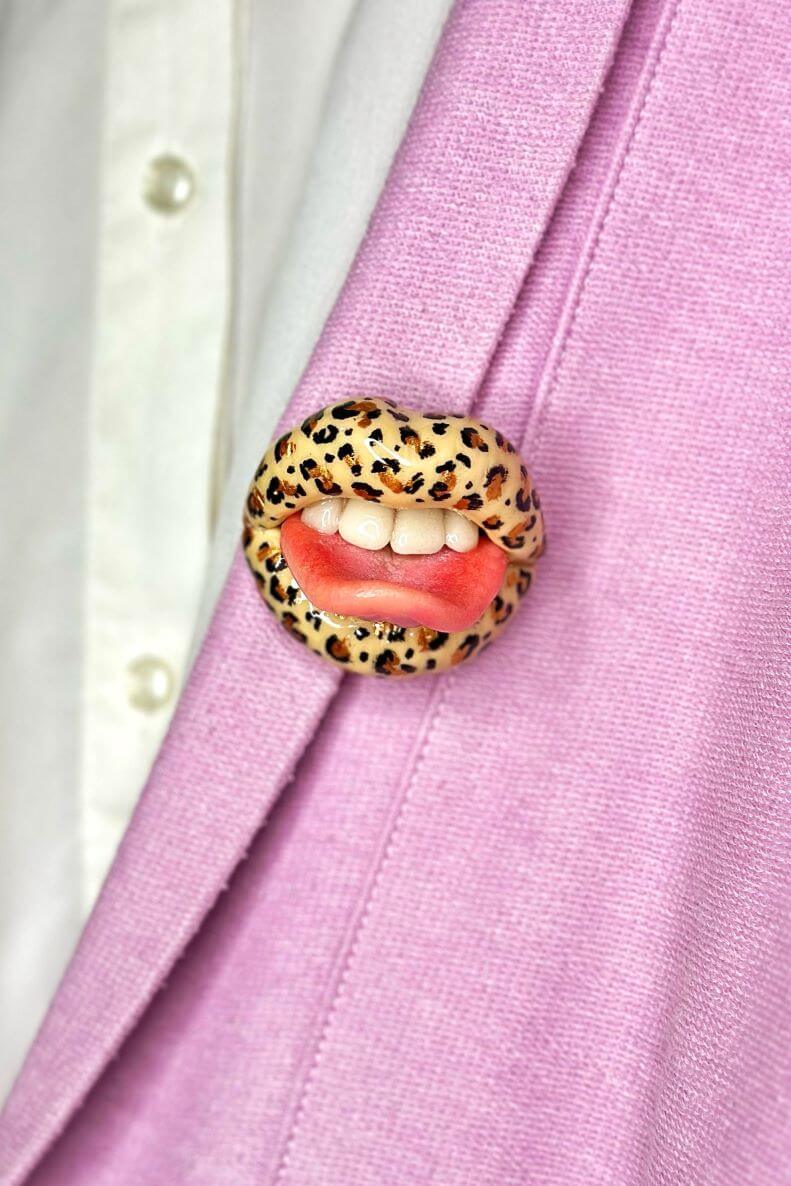 Handmade leopard print lips with tongue hand sculpted by Polymer Clay, a fun and stylish accessory by ioArtStudio