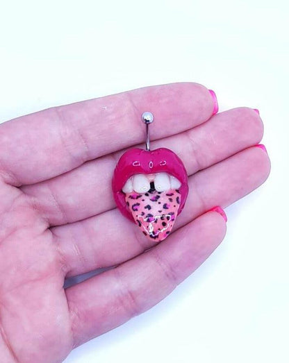 Magenta Lips with Leopard Print on Tongue Belly Button Ring- handmade polymer clay wearable art by ioArtStudio