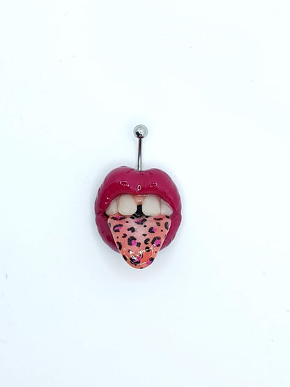 Magenta Lips with Leopard Print on Tongue Belly Button Ring- handmade polymer clay wearable art by ioArtStudio