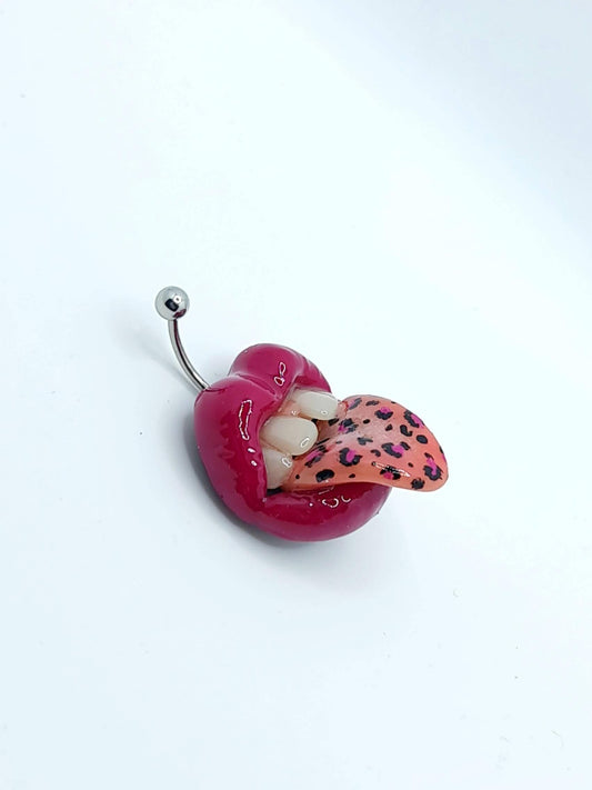 Magenta Lips with Leopard Print on Tongue Belly Button Ring- handmade polymer clay wearable art by ioArtStudio