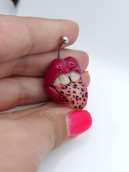 Magenta Lips with Leopard Print on Tongue Belly Button Ring- handmade polymer clay wearable art by ioArtStudio