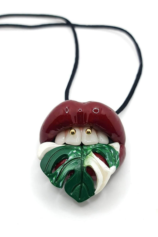 Monstera Albo Plant with Maroon Red Lips Handcrafted from Polymer Clay and Resin -A One-of-a-Kind, Attention-Grabbing Wearable Artwork by ioArtStudio